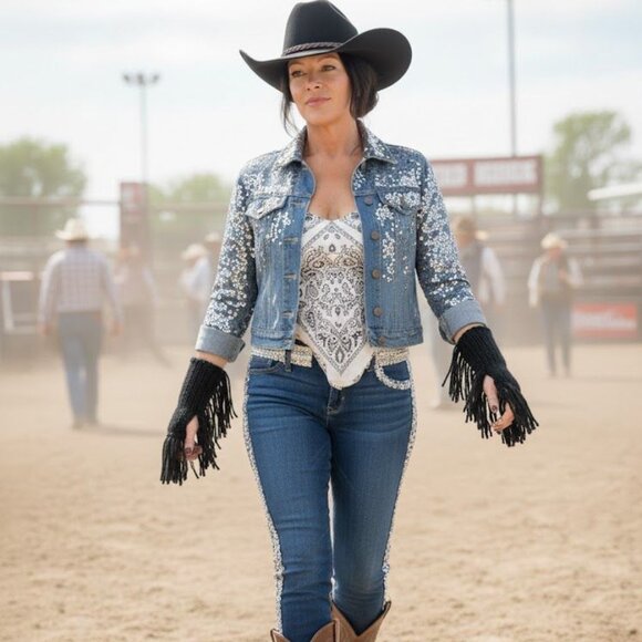 Black Fingerless Fringes Cowgirl Stampede Rodeo Gloves Mittens ArmWarmer - Picture 2 of 9